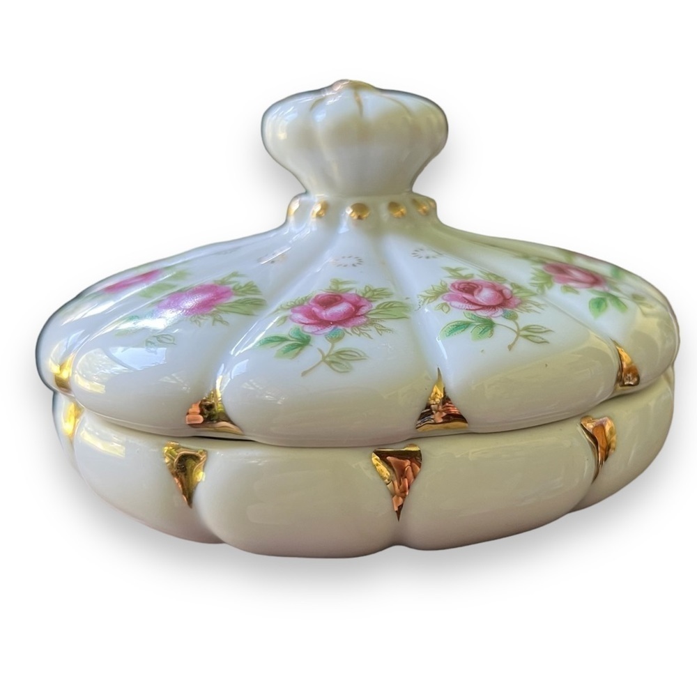 Vintage Japan Rose & Gold Handmade Lidded Dresser Jar - Picture 6 of 14